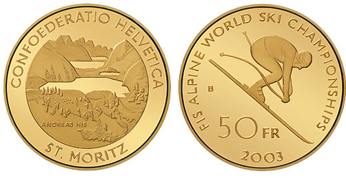50 Fr. Goldmünze 2003 Ski WM St. Moritz