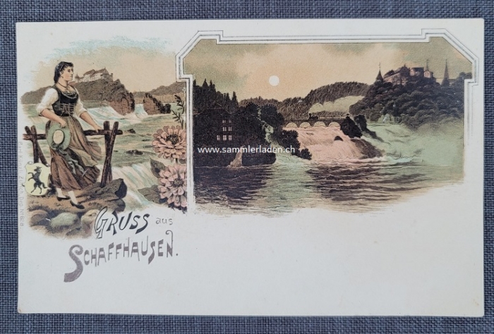 Schaffhausen Tracht am Rheinfall Litho Ansichtskarte um 1900 ungebraucht