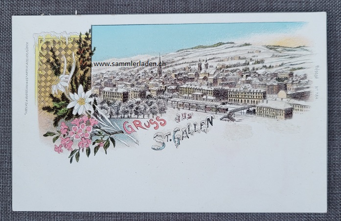 St. Gallen Bahnhof Winter-Litho Ansichtskarte um 1900 ungebraucht