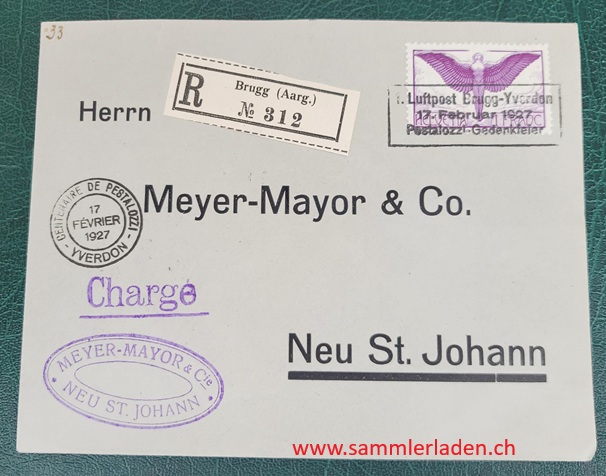 Luftpostbrief 1927 Sonderstempel Centenaire de Pestalozzi