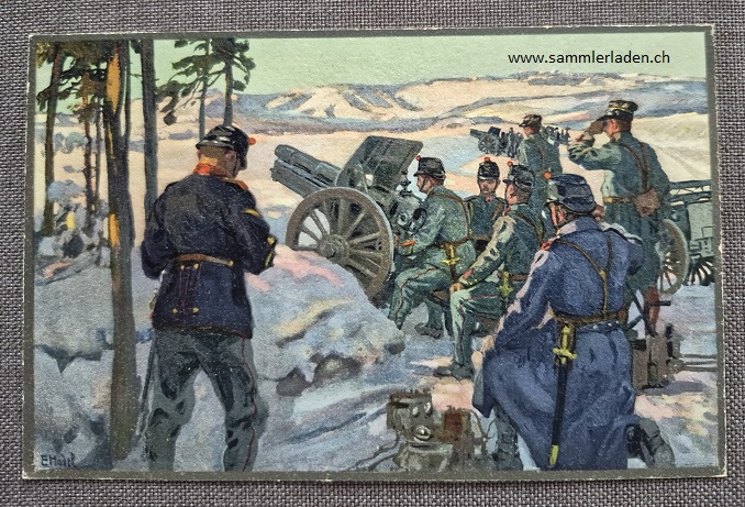 Militär Künstler-Postkarte von E.Hodel ( Haubitzenbatterie im Schnee )