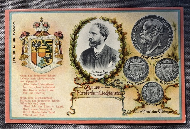 Fürstentum Liechtenstein Ansichtskarte Fürst Johann II mit Kronen Münzen