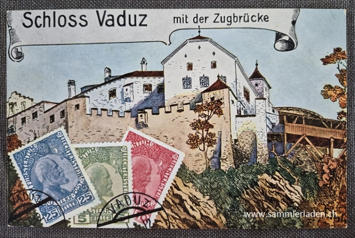 Fürstentum Liechtenstein Ansichtskarte Schloss Vaduz mit 1. Briefmarken